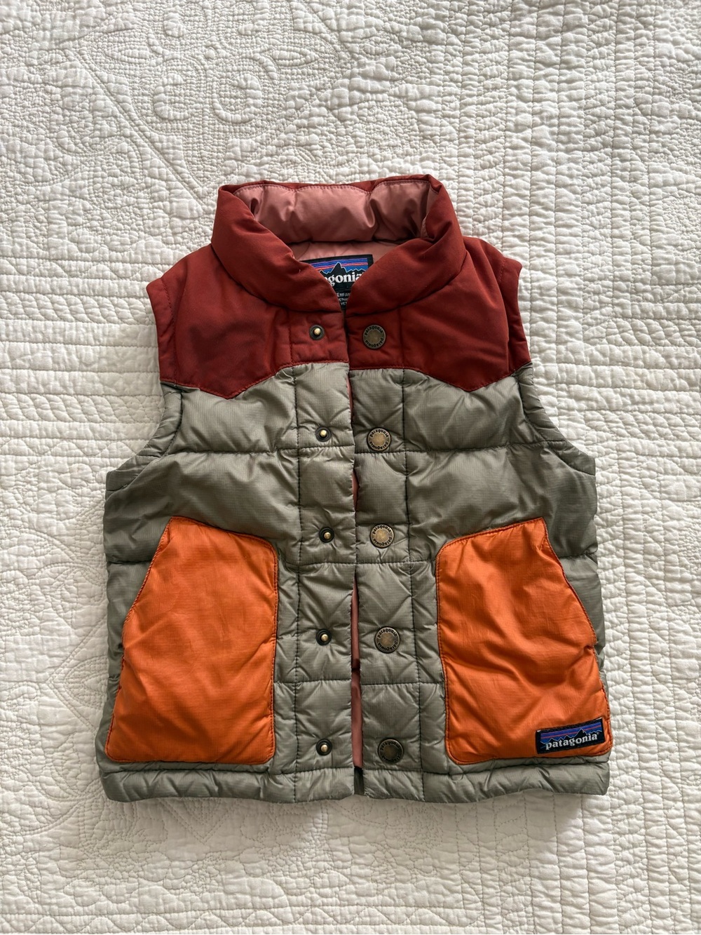 Patagonia Quilted Vest in Rust, Olive & Orange